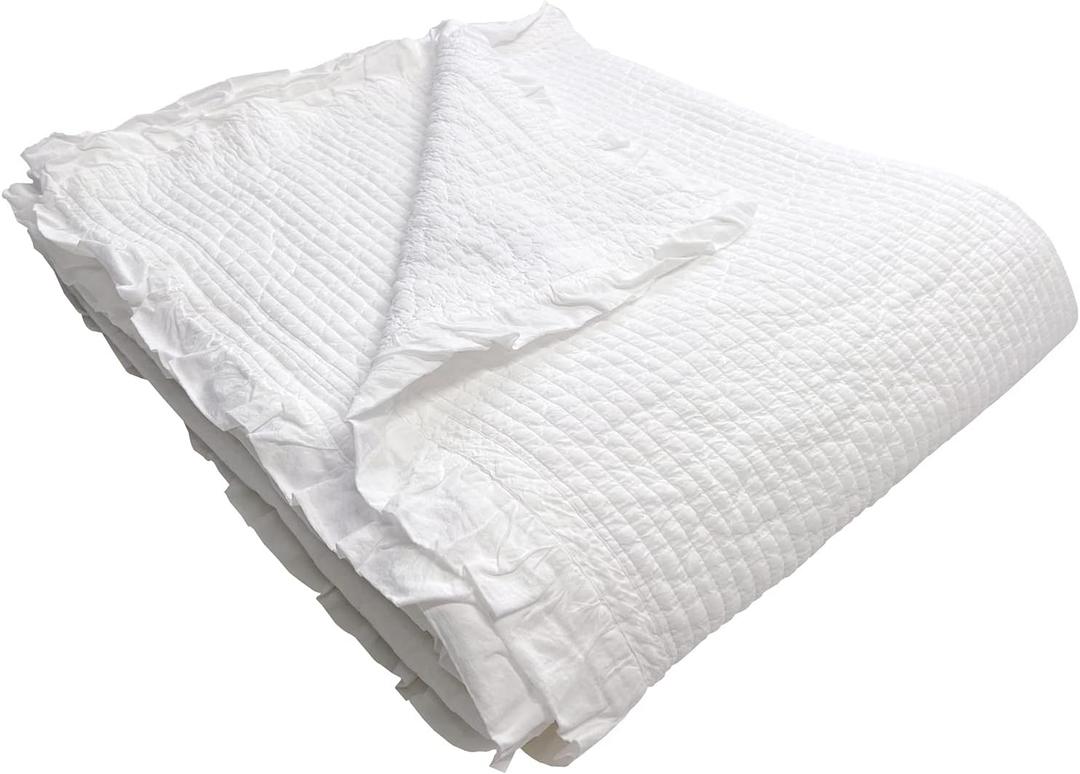 100% Cotton Frilled Bed Coverlet, Blanket Twin Size 63 x 83' - Pigment Washed Soft & Breathable Quilted Blanket for All Seasons (Off-White)