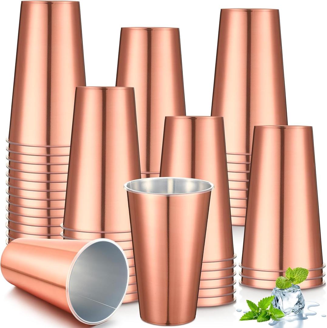 Jingmore 100 Pack 16 oz Disposable Plastic Cups Aluminum Party Tumbler Stackable Plastic Drinking Cups for Hot Cold Drinks Coffee Cocktail Beverage for Wedding Birthday Graduation Picnic(Rose Gold)