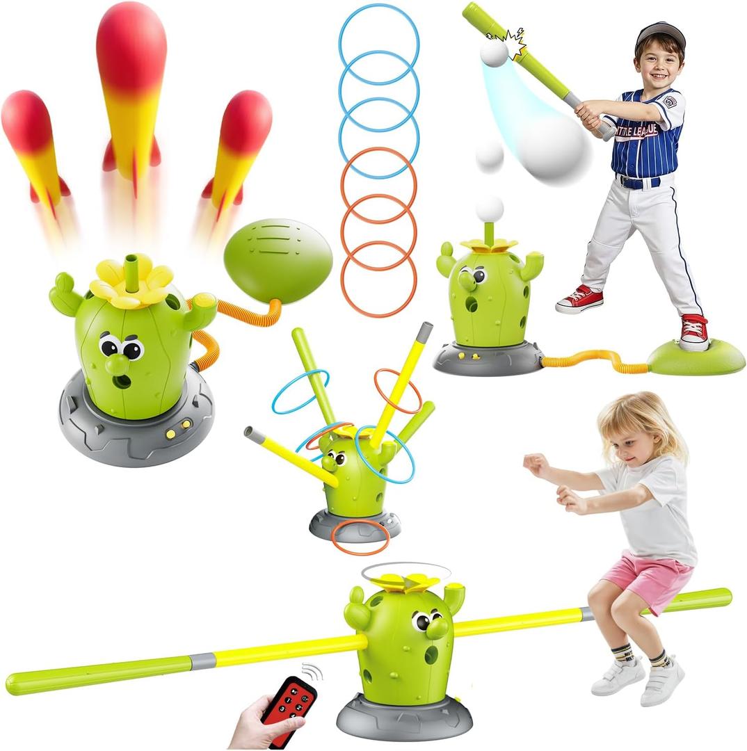 Cactus Toys,Cactus 4 in 1 Toys for Kids,Stomp Rocket Launcher Set for Kids with Toddler Baseball, Musical Jumping game and Ring Toss, Indoor Outdoor Backyard Toys, Birthday Gift for Boys & Girls