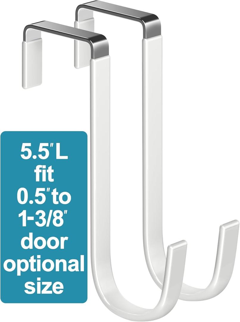 Over The Door Metal Hooks with Plastic Coating 5.5" Fit 0.5" to 1 3/8" Door 2 Pcs Heavy Duty Single Towel Robe Rack Wreath Bathroom Shower Hanger Shoe Organizer Ironing Board Short White