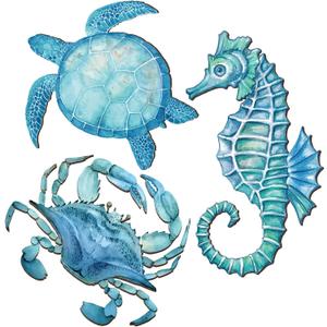 Tatuo 3 Pcs Summer Coastal Wall Decor Bathroom Beach Blue Wall Art Sea Turtle Surfboard Seahorse Starfish Seashell Conches Crabs Sea Life Decor for Bedroom Home (Ocean Style)