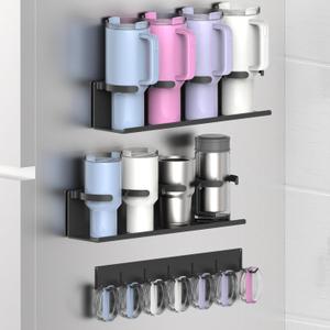 EASTTOWEST Magnetic Cup Holder for Fridge 8 Slots Universal Water Bottle Organizer Rack with Hooks for Stanley Owala Yeti Tumbler up to 40oz(2x4-CUPS Black)