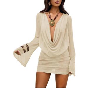 SOLY HUX Women's Summer Sheer Mesh Beach Mini Dress Draped Deep V Neck Bell Sleeve Swimsuit Cover Up Beachwear (Beige, M)