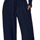 Trendy Queen Women's 2 Piece Matching Lounge Set Long Sleeve Side Ruching Top Wide Leg Drawstring Pants Set with Pockets (Medium, Navy)