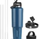 HYDROWION 40 oz Insulated Water Bottle, Car Water Bottle Holder - Double Wall Vacuum Insulated Travel Bottle with Straw Lid, Spout Lid and Flex Cap - Cold for 24H, Hot for 12H, Cobalt (BJ-CT)