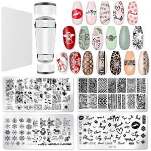 Nail Stamper Plate Kit, 4x Nail Stamping Plates +Dual-end Silicone Nail Art Stamper +Scraper, Snowflake & Spring Butterfly Flowers &Leopard Snake & Kiss Heart, DIY Design Manicure Salon Home, BlueZOO