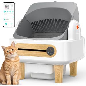 RPZ Automatic Cat Litter Box Self Cleaning, Robot Litter Box for Multiple Large Cats, Open Top Auto App Control Ultra-Quiet, Durable, Keep Home Freshness, Wood Grain