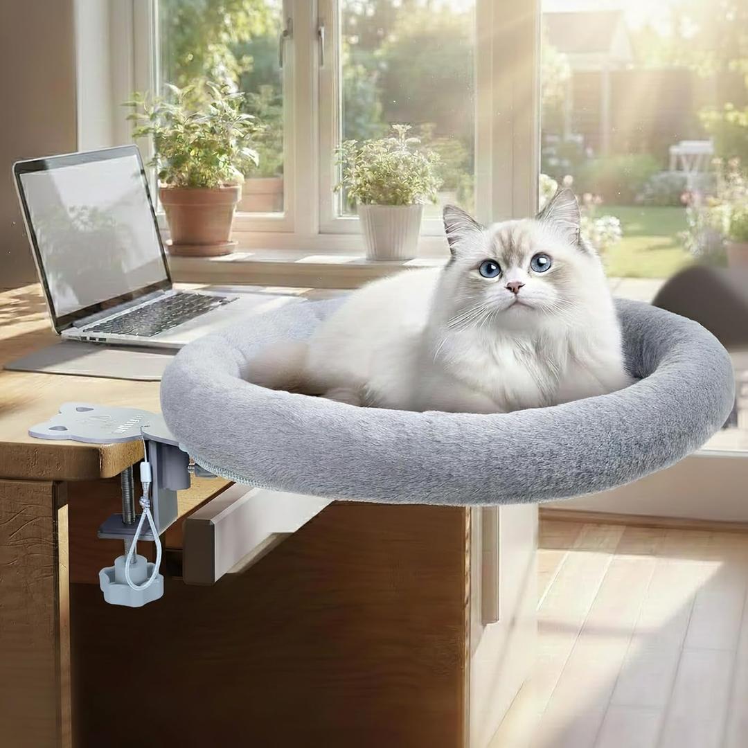 Cat Desk Bed,Steel Cat Bed for Desk,Easy to Assemble,Machine Washable and Detachable Easy to Clean,180 Rotating Cats Hammock Desks for Office Game Tables,Supports to 40lbs(Gray)