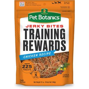 Pet Botanics Training Rewards Jerky Bites, Chicken Recipe, 12 oz Pouch | High-value Reward for Training, BotaniFits Botanical Blend, Only 5 Calories Each, Made in the USA, 225 Treats Per Bag (EXP 07/08/26)