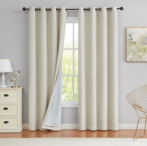 Beige Full Blackout Curtain Panel Thermal Insulated Energy Efficient Window Treatment for Bedroom Heavy Linen Texture Solid Drapes 8 Grommets Top for Living Room with Liner, Beige, 50"x90"x2