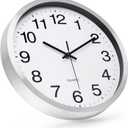 Wall Clock 12 Inch Silver Brushed Finish Silent Non Ticking Indoor Clock Round Battery Operated Stainless Steel Wall Clocks for Home, Office, Hotel, Bedroom, Living Room, Kitchen