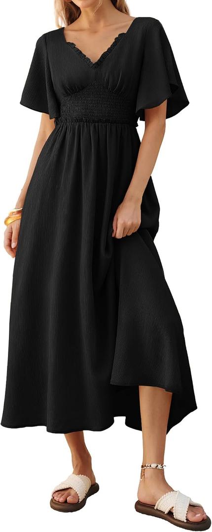 Kate Kasin Womens Short Sleeve Maxi Dress, Casual Summer Dress with Pockets, Beach Vacation Dresses 2026 (Black, L)