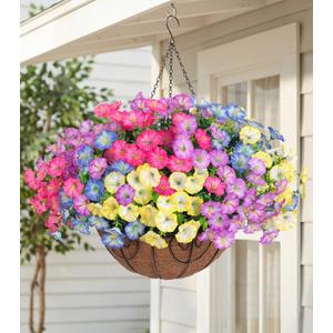 Artificial Fake Hanging Flowers Baskets for Outdoors Faux Plants Spring Outside Decor, UV Resistant Silk Morning Glory Flowers in Planter Realistic Petunias for Outdoor Porch Patio Garden Yard Home