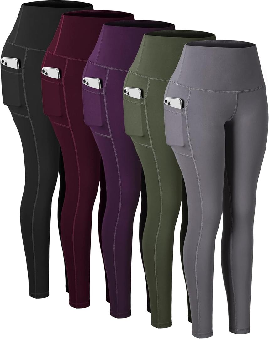 CHRLEISURE Leggings with Pockets for Women, High Waisted Tummy Control Workout Yoga Pants (Large, 5 Packs - Black/Army Green/Grey/Purple/Cassis)