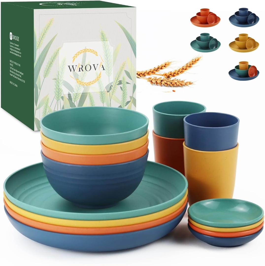 Wheat straw plates and bowls sets of 16 - Unbreakable wheat straw dinnerware sets for kids - Alternative plastic dinnerware set service for 4 - Microwave safe and Dishwasher safe bowls. Colorful (Blue,Green,Yellow,Orange)