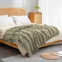 Ultra Soft Pre-Washed Quilted Boho Sage Green Twin Size Blankets for Bed, Olive Green Ruffle Fringed Decorative Throw, Stone Washed Chic Rustic Blanket for Sofa Couch Bed, 60"*80"