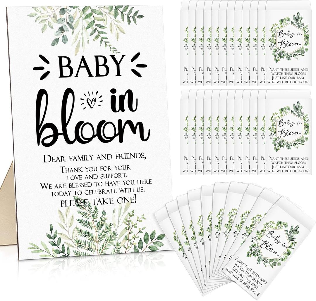 Maitys 100 Pcs Baby Shower Seed Packets Favors for Guests Baby in Bloom Wooden Sign Self Adhesive Envelopes Packet Storage Decor, No Seeds(Green Leaf)