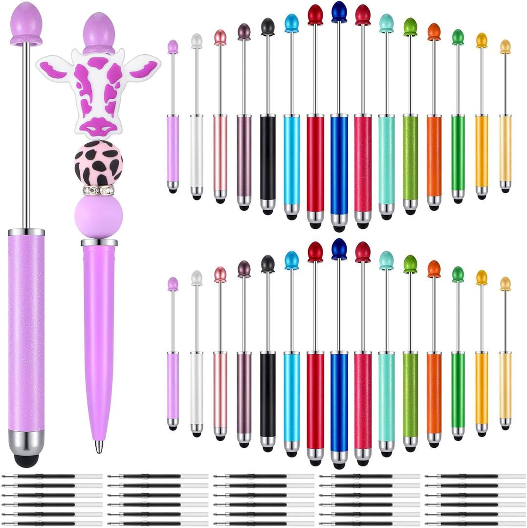 Resurhang 30 Pcs Plastic Beadable Pens 2 in 1 Stylus Bead Pens bulk with 30 Pcs Black Ink Refills for Rubber Touch Screen Handwriting DIY Making ballpoint Gifts Office School Supplies(Stylus)