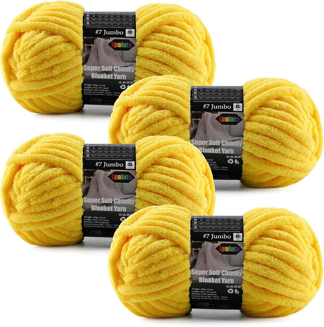 4-Pack Chunky Yarn for Crocheting Blankets & Big Projects - 14oz/ 152.8yd Total, Ultra Soft & Bulky Chenille Yarn, Perfect for Blankets, Amigurumi, Vivid Yellow