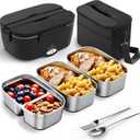 Heated Lunch Box,120W Electric Lunch Box for Adults with 1.5L 304 Stainless Steel Container, 12V/24V/110V Lonchera Elctrica Porttil for Travel,Work,Car,Truck (Pure Black, 1.5L x 3)