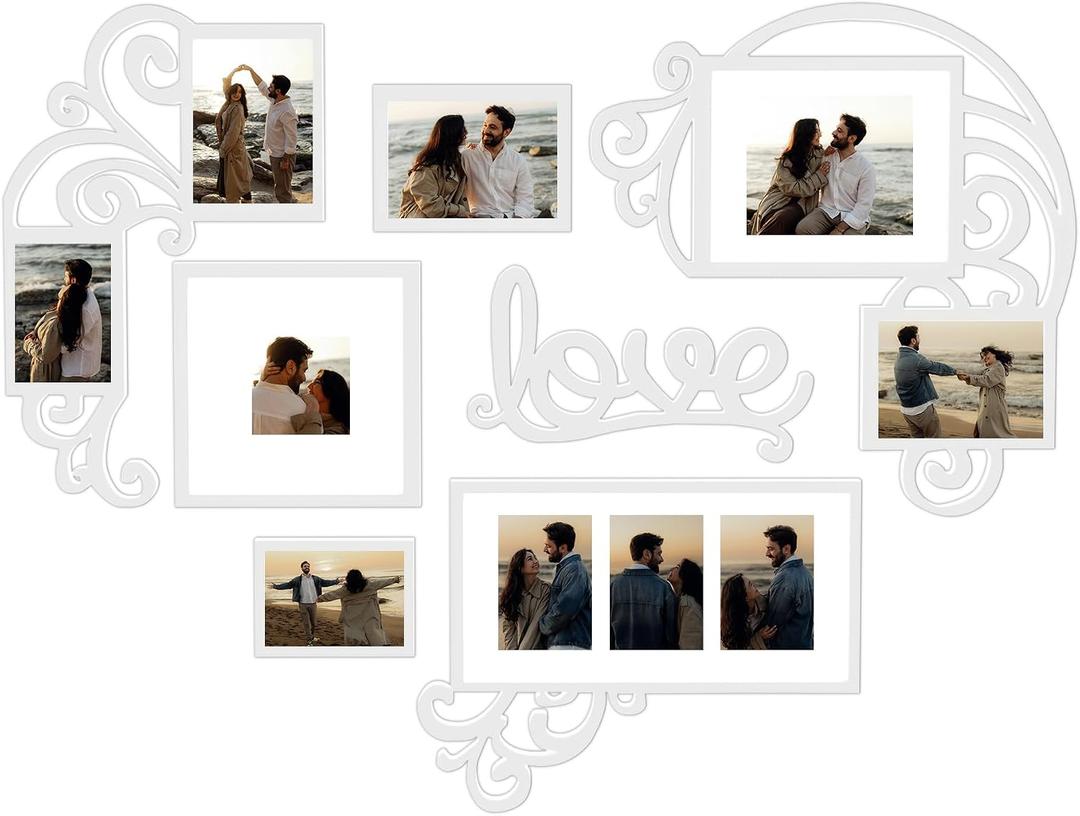 Jerry & Maggie - Photo Frame | Plaque College Frame - Valentine Wall Decoration Combination - White PVC Picture Frame Selfie Gallery Collage W Wall Hanging Mounting Design | Love Heart Shape