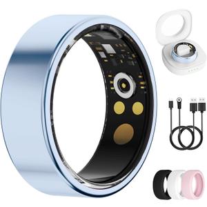 Smart Ring for Women & Men, Health Tracker Ring with Heart Rate, Blood Oxygen,Blood Pressure, IP68 Waterproof Fitness Ring, Sleep Tracker for iPhone and Android, No APP Fee (Blue, 8#)