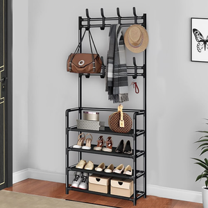 4-Tier Shoe Rack & 8-Hook Coat Stand Black Metal Organizer for Bedroom, Entryway, or Living Room Space-Saving Floor Rack, Easy Assembly