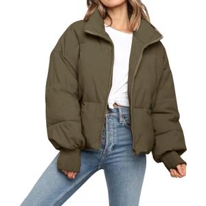 Womens Winter Cropped Puffer Jacket Coat Casual Quilted Baggy Long Sleeve Zip Down Jackets Outerwear (US, Alpha, Medium, Regular, Regular, Dark Green) (Green, M)