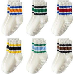 Toddler Non-Slip Socks,Unisex Baby Grip Crew Seamless Cotton Socks with Retro Stripe for Boys Girls Kids 6 Pairs (3-5T, Mixed-off White)