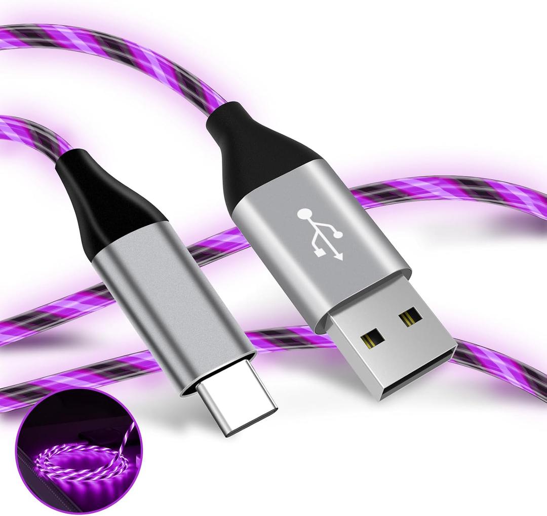 Light Up USB C Cable, LED Fast Charger Type C Charging Cords, USB-A to USB-C Compatible with Samsung Galaxy S20/S10/S9/S8, LG V40/V30 and More (Purple, 6 ft)