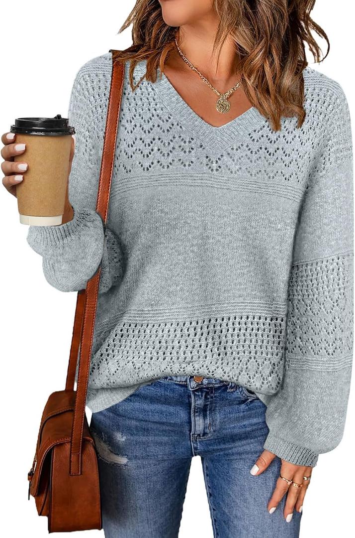 MixShe Womens Knit Sweaters 2025 Fall V Neck Long Sleeve Pullover Casual Loose Tops (Large, Grey)