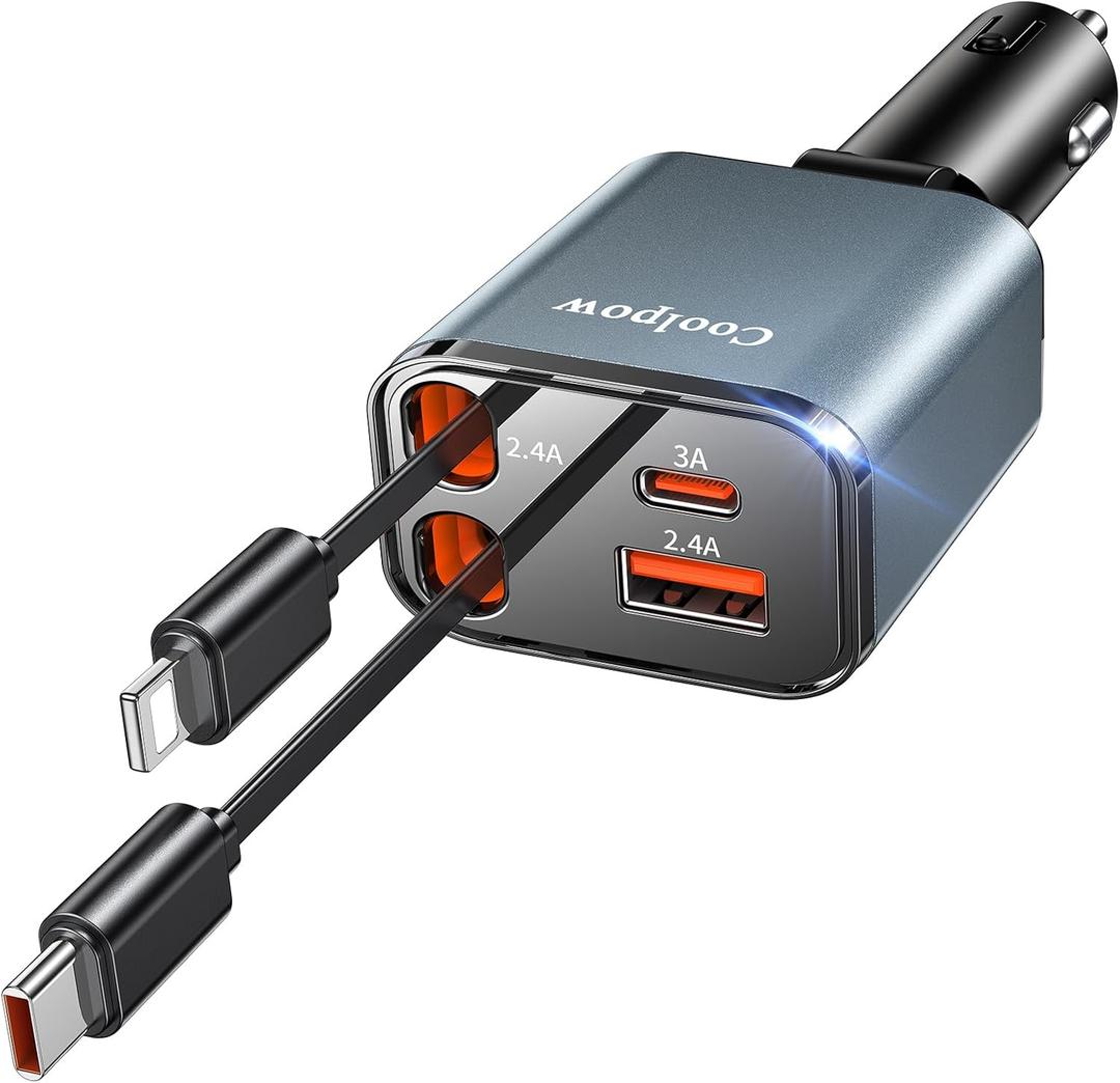 Coolpow Retractable Car Charger Adapter4 in 1 Fast Charging Retractable Car Charger USB C Car Phone Charger USB C Cigarette Lighter Charger Adapter Car Charging Block Cube for iPhone 17 Pro Max 16 15 (Gray)