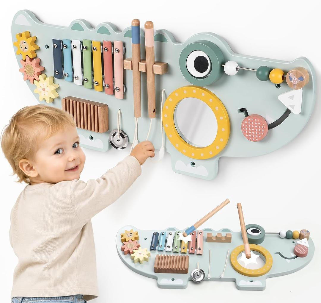 Lewo Crocodile Wall Busy Board for Toddlers Kids, Mucic Montessori Wall Activity Board, Wooden Sensory Wall Toys Panel with Instruments, Learning Activity Center for Playroom, Daycare & Classroom