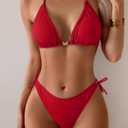 Eomenie Womens Ribbed Bikini Set Sexy Halter Triangle Top Swimsuit Tie Side Two Piece Bathing Suit Moderate Coverage (Red, XL)