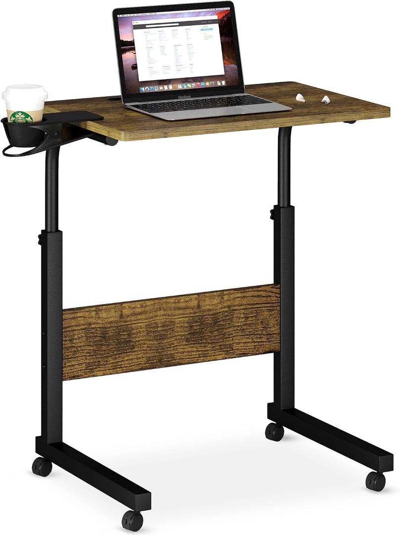 Klvied Standing Desk with Cup Holder, Height Adjustable Mobile Laptop Stand on Wheels, Ergonomic Rolling Workstation for Home Office, Portable Overbed Table for Couch & Bedside, Walnut Finish, 23.6" X 15.7" X 27.9" - 37.2"