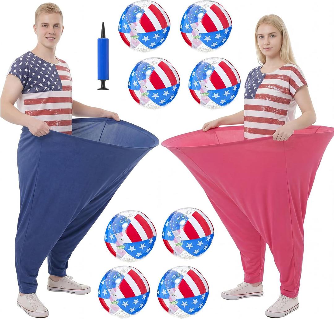 Shappy 11 Pcs Fourth of July Party Game for Adults Set 2 Patriotic Granny Pants Oversized with 8 Patriotic American Flag Bouncy Ball & 1 Air Pump Independence Day Fouth July Giant Outdoor Yard Game