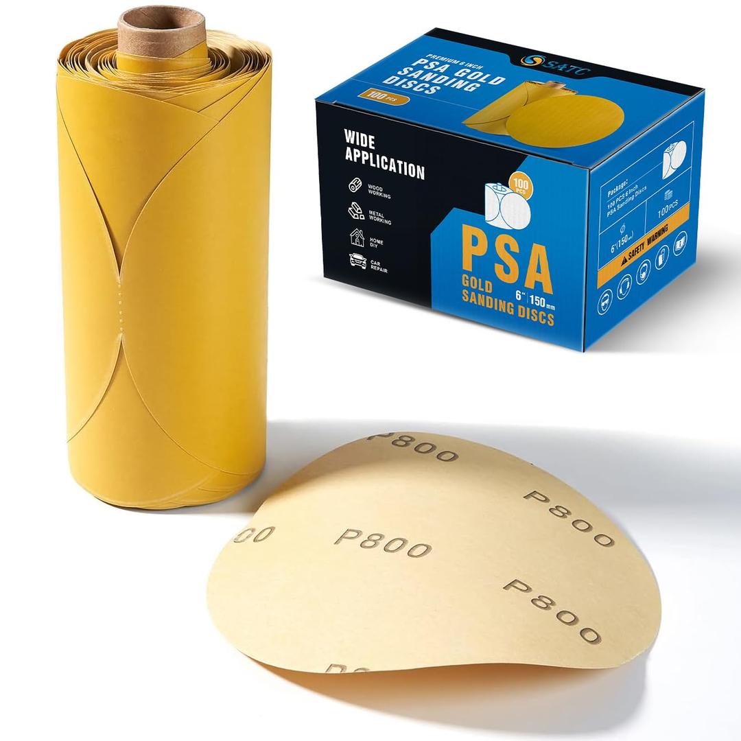 S SATC 100 PCS 6 Inch Premium Gold PSA Sanding Disc, 800 Grit Sandpaper Roll with Adhesive Sticky Back for Wood, Auto Body Repair, Marine, Paint, Metal, and Plastics