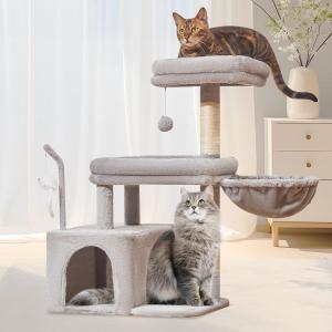 Taoqimiao Cat Tree, 32.2-Inch Cat Tower for Indoors Cats, Cat Condo with Large Cat Perch, Spacious Cat Cave, Scratching Posts for Small and Medium Cats, Light Gray MS043W
