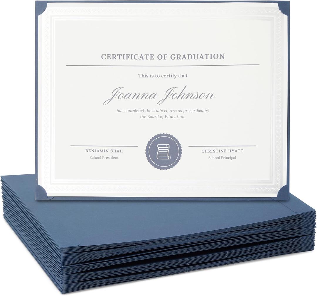 48 Pack Single Sided Award Certificate Holders - Bulk Certificate Holders for Graduation, Diploma, Employee Appreciation, Certification (fits 8.5x11, Navy Blue)