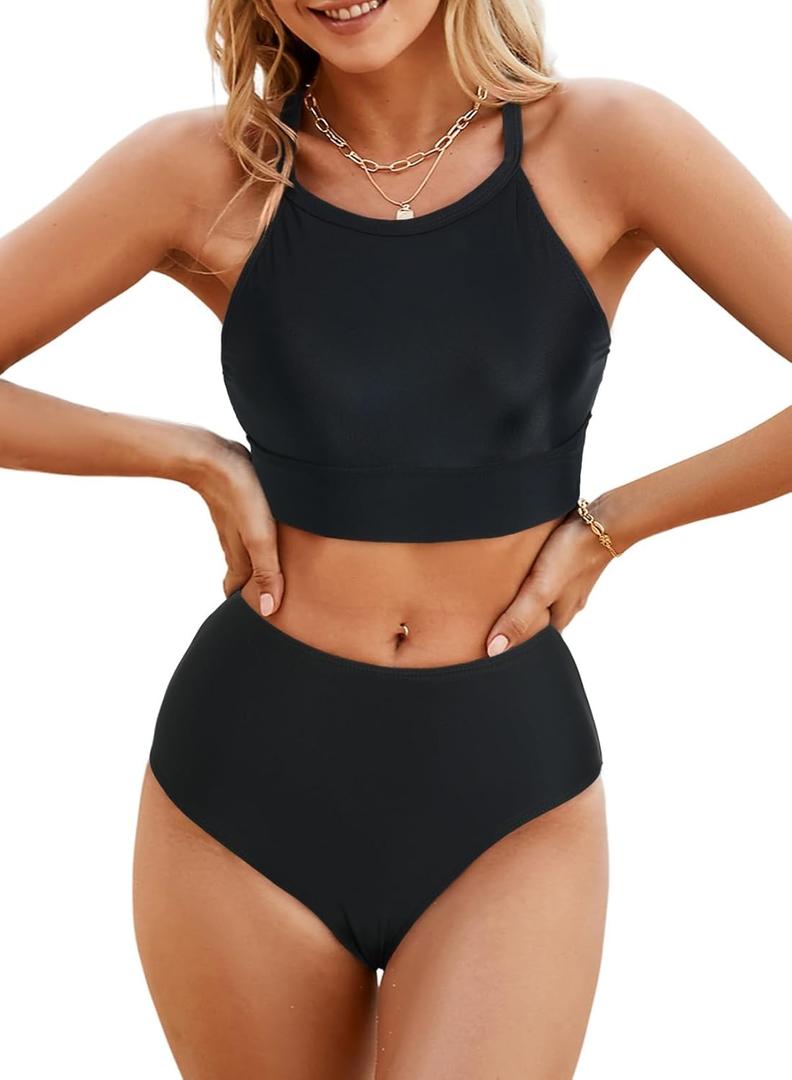 Herseas Women's Bikini Sets High Neck Tropical Leaf Print High Waisted Two Pieces Swimsuits Bathing Suits (Large, All Black)