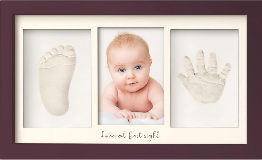 Baby Hand and Footprint Kit - Clay Handprint Keepsake Frame, Newborn Nursery Picture Frame, Personalized New Mom Gifts for Baby Shower & Registry (Auburn) (Duo Frame, 13" x 7.9")