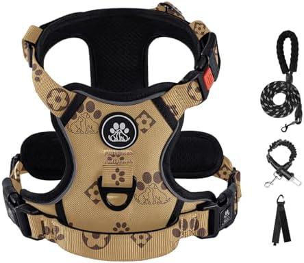 IVY&LANE No Pull Dog Harness with Leash Set, Reflective No Choke Pet Vest,Adjustable Oxford Dog Vest Harness with Easy Control Handle for Medium Dogs (Light Brown,M)