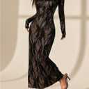 OYOANGLE Women's Floral Lace Slit Back Fishtail Long Dress Square Neck Cocktail Bodycon Dresses (Black, M)