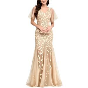 Women's Formal Evening Gowns Long Sparkly Sequin Elegant Tulle Sleeve Mother of Bride Dress Bodycon Maxi Prom Dresses (Beige, L)