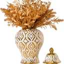 White and Gold Vase with Lid, Ginger Jars for Home Decor, Ceramic Flower Vase for Home, Kitchen, Bookshelf Decor, Storage jar, Table Center Vase, Centerpieces Jarrones(11in)