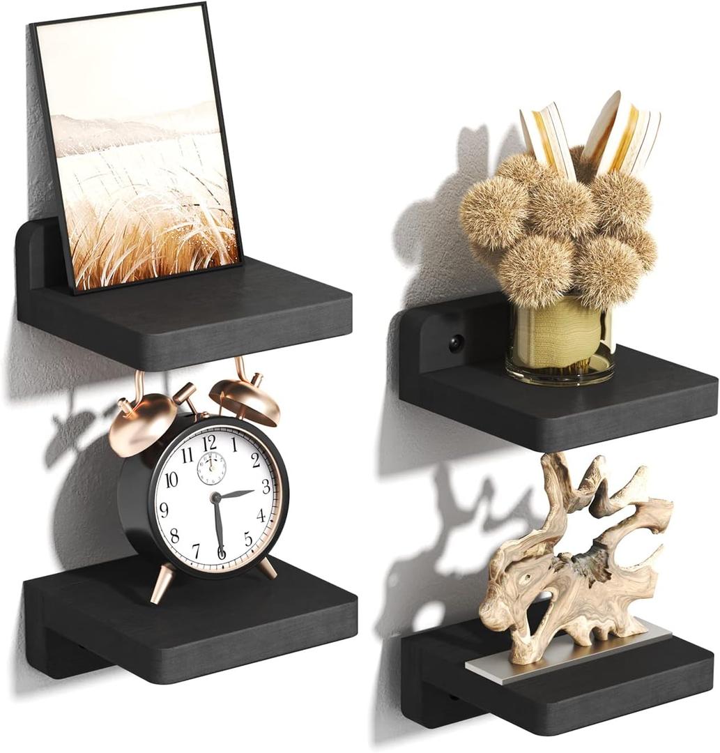 SRIWATANA Small Floating Shelves Wall Mounted, 4 Inch Wood Shelf for Decoration and Storage Set of 4, Mini Display Shelf for Bedroom, Bathroom, Kitchen, Office (Weathered Black)
