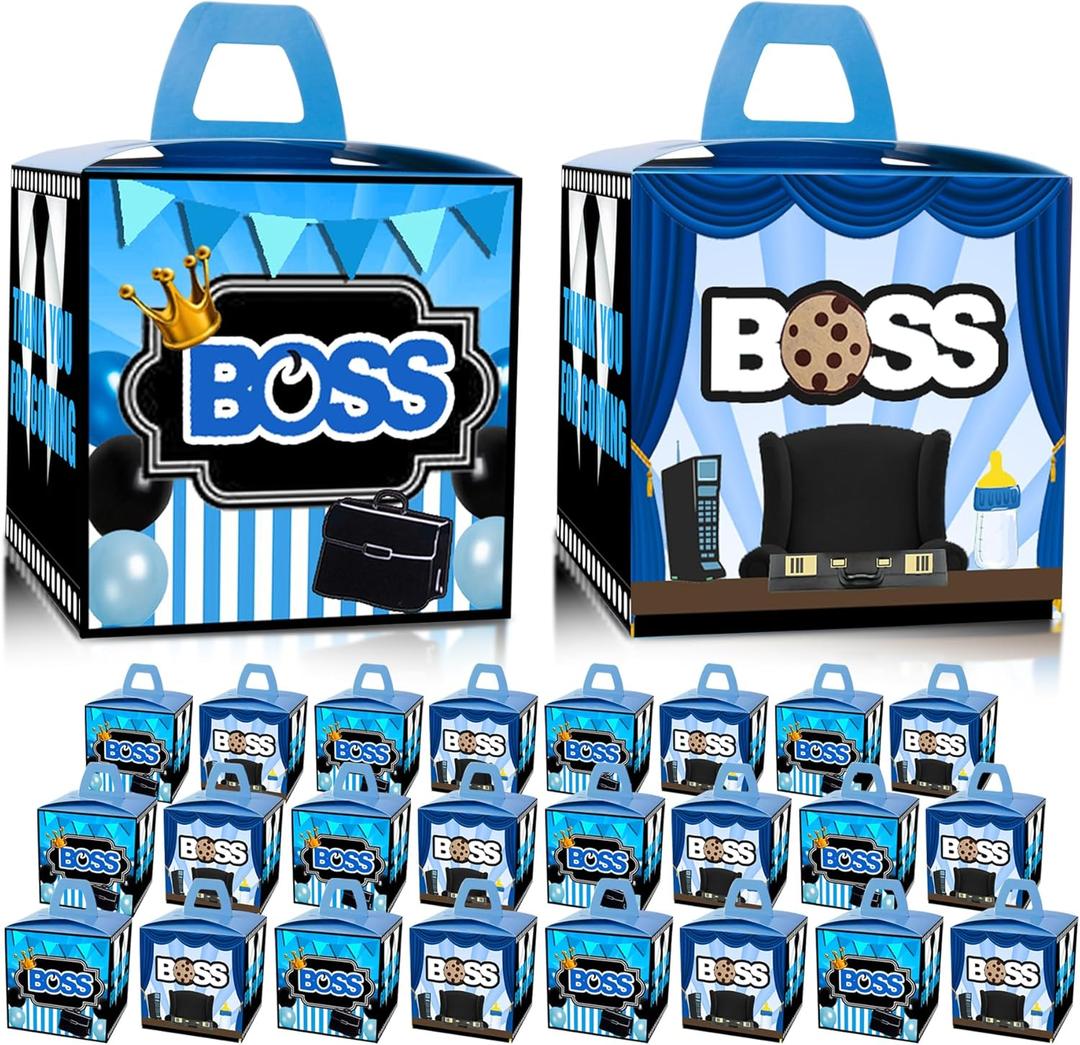 HAPPARTY BOSS Party Favor Gift Boxes 24 PCS,Blue BOSS Boy Goodie Candy Treat Boxe For 1st 2nd Birthday Decorations Supplies