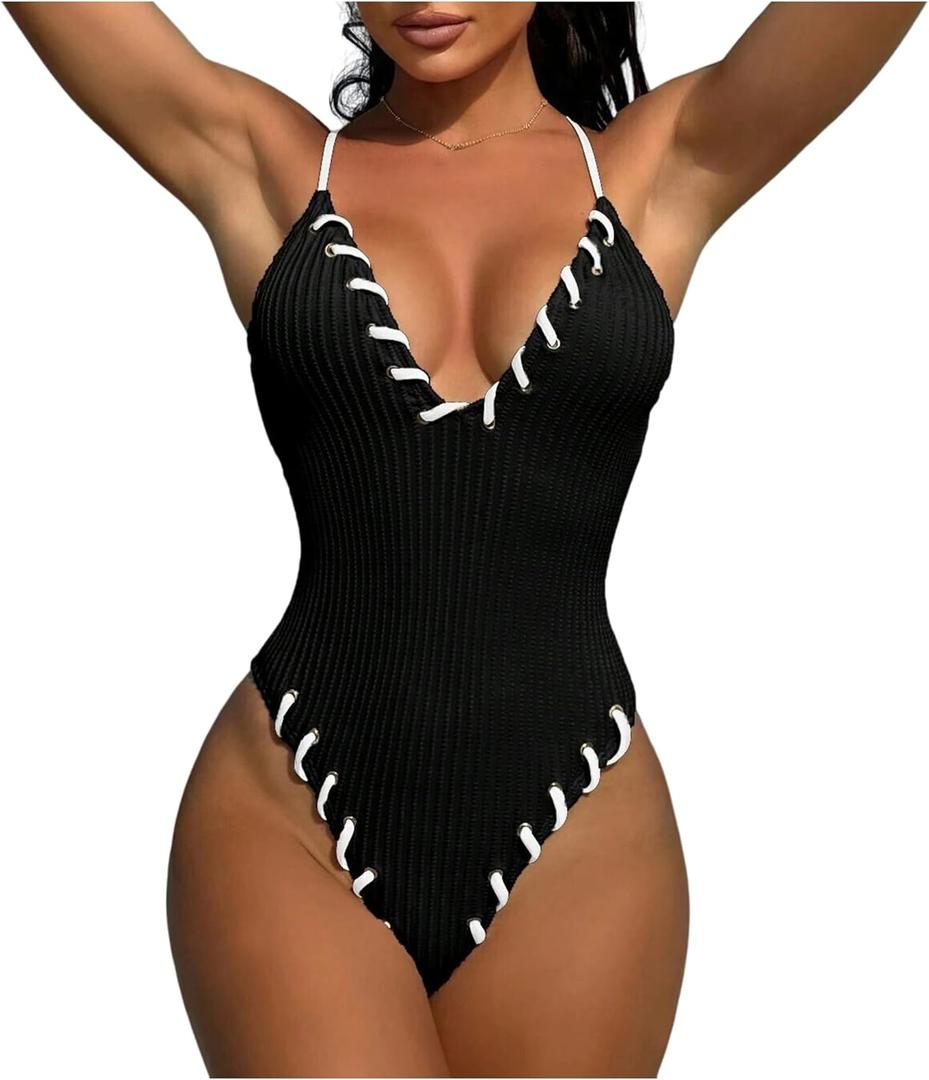 HYTENSUN Women's Criss Cross One Piece Swimsuits V Neck Binding Ribbed Swimwear High Cut Bathing Suit (Black, M)