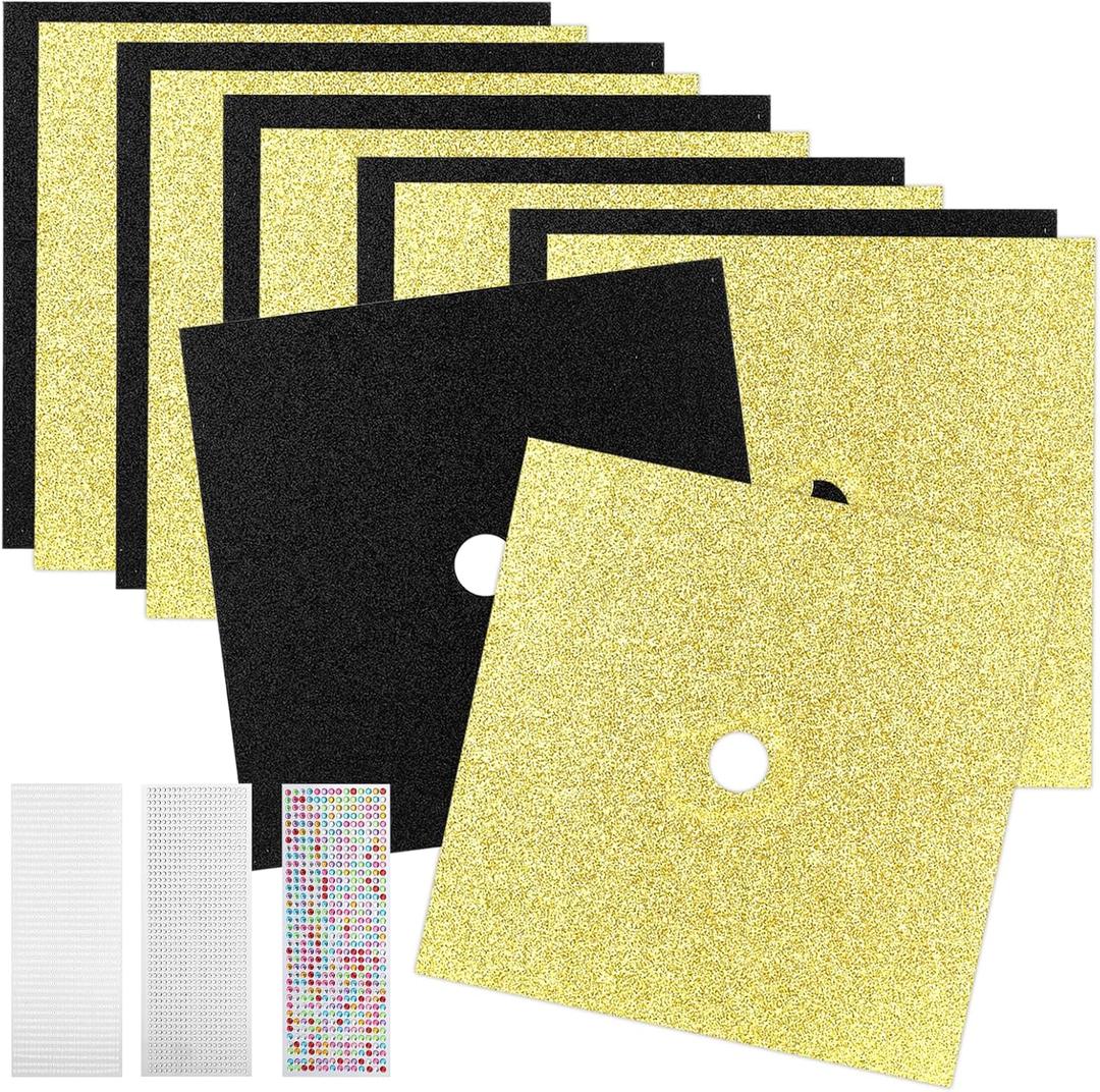Graduation Cap Decorations Kit - 12 Sheets 9"x9" Black & Gold Glitter Cardstock Paper with 3 Sheets Self-Adhesive Rhinestones Pearls Stickers for Graduation Toppers DIY Crafts, Grad Cap Decor
