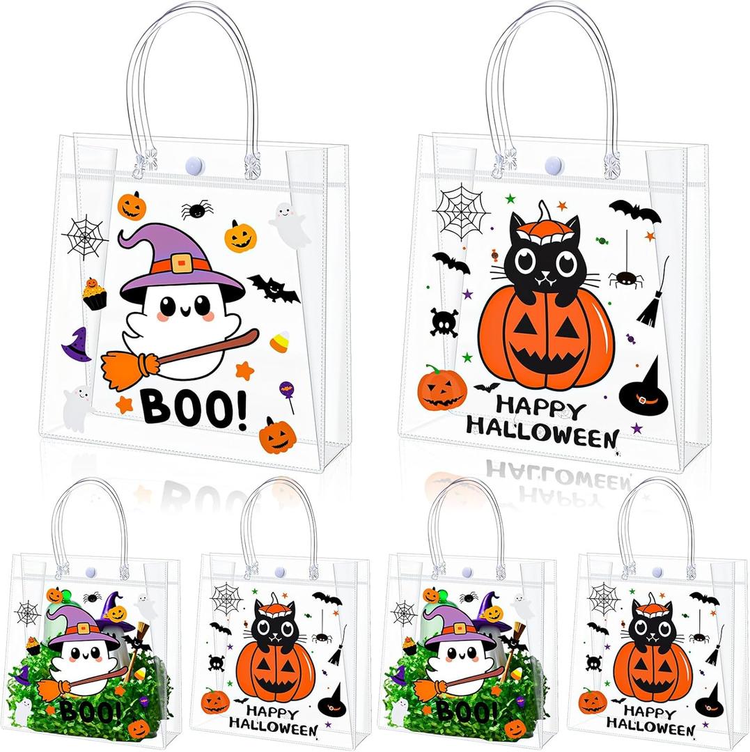 Motipuns 24 Pcs Halloween Clear Plastic Gift Bags with Handles, Small Treat Reusable PVC Pumpkin Party Favor Bags Bulk, Black Orange Tote Bag for Halloween Trick or Treat, 7.87 x 7.87 Inch